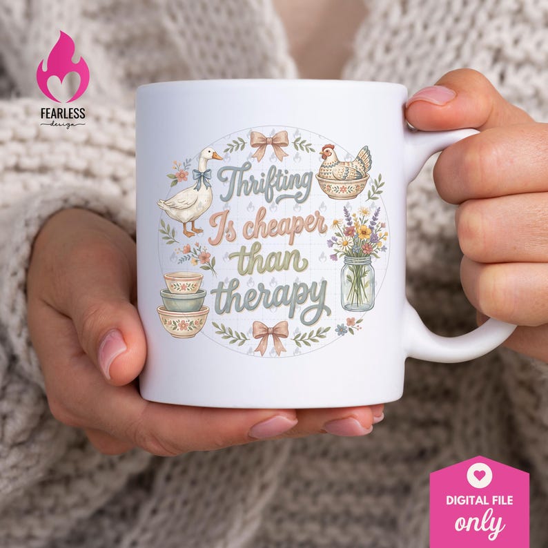 Puede incluir: Taza de cer&aacute;mica blanca con el texto "Thrifting Is cheaper than therapy", rodeada de ilustraciones de un ganso, una gallina, flores y cuencos. La taza tiene un asa curva y est&aacute; sujeta por una persona.