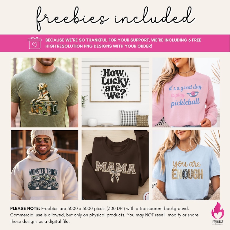 Puede incluir: Una colecci&oacute;n de seis prendas con dise&ntilde;os gr&aacute;ficos: una camiseta oliva con un perro, un cartel enmarcado con How Lucky are we?, una sudadera rosa con texto de pickleball, una sudadera beige con un cami&oacute;n monstruo, una sudadera marr&oacute;n con texto MAMA y una camiseta azul claro con texto you are ENOUGH.