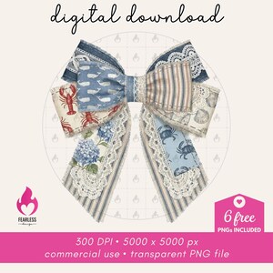 May include: A digital download graphic of a large bow with a nautical theme. The bow features various patterned fabrics, including lobsters, whales, crabs, and seashells. The bow is trimmed with white lace. The text "digital download" is at the top.