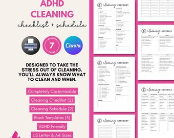 May include: ADHD cleaning checklist and schedule with the text "Designed to take the stress out of cleaning. You'll always know what to clean and when." Includes 7 pages and Canva templates. US Letter and A4 sizes.