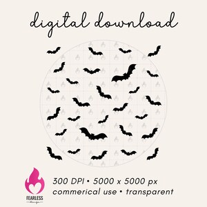 May include: A digital download graphic featuring black bat silhouettes scattered across a light beige background. The words "digital download" are written in a cursive font. Additional text includes "300 DPI, 5000 x 5000 px, commercial use, transparent."