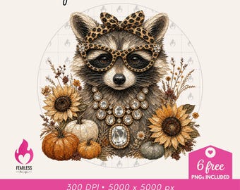 Impasto Glam Raccoon png | Trendy Fall Designs | Raccoon Boujee png | Leopard Aesthetics | Fall Season Vibe | Raccoon png Designs