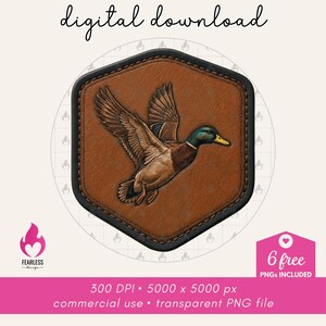 May include: A digital download graphic featuring a detailed illustration of a flying mallard duck. The duck is depicted with brown, green, and yellow tones, set against a brown leather-textured background within a black-edged, hexagonal shape. The text "digital download" is at the top.