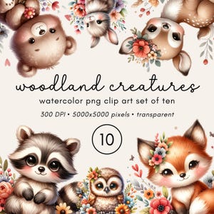 Woodland Animals Clipart, Cute Creature Clipart Set, Nursery Clipart Transparent PNGs, Fox, Bear, Deer Sublimation Design Files, Nursery Art
