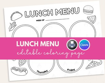 Weekly Kids Lunch Planner, Printable Lunchbox Planner, Kids Daily Schedule for Healthy Eating, Canva Editable Lunch Menu Coloring Page