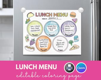 Weekly Kids Lunch Planner, Printable Lunchbox Planner, Kids Daily Schedule for Healthy Eating, Canva Editable Lunch Menu Coloring Page