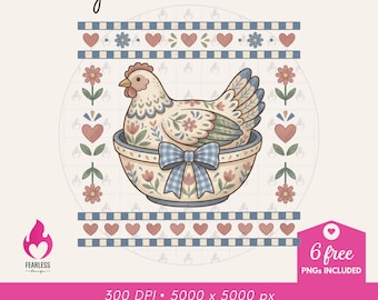 Cottagecore Chicken png | Seersucker Granny Cottagecore png | Vintage Inspired Nesting Hen Sweatshirt Design | Granny Aesthetic Sublimation