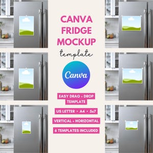 Puede incluir: Plantilla de maqueta con un frigorífico plateado y seis imágenes de paisajes. El texto "CANVA FRIDGE MOCKUP template" está en rosa y negro. El logotipo de Canva es visible, junto con los detalles de la plantilla.