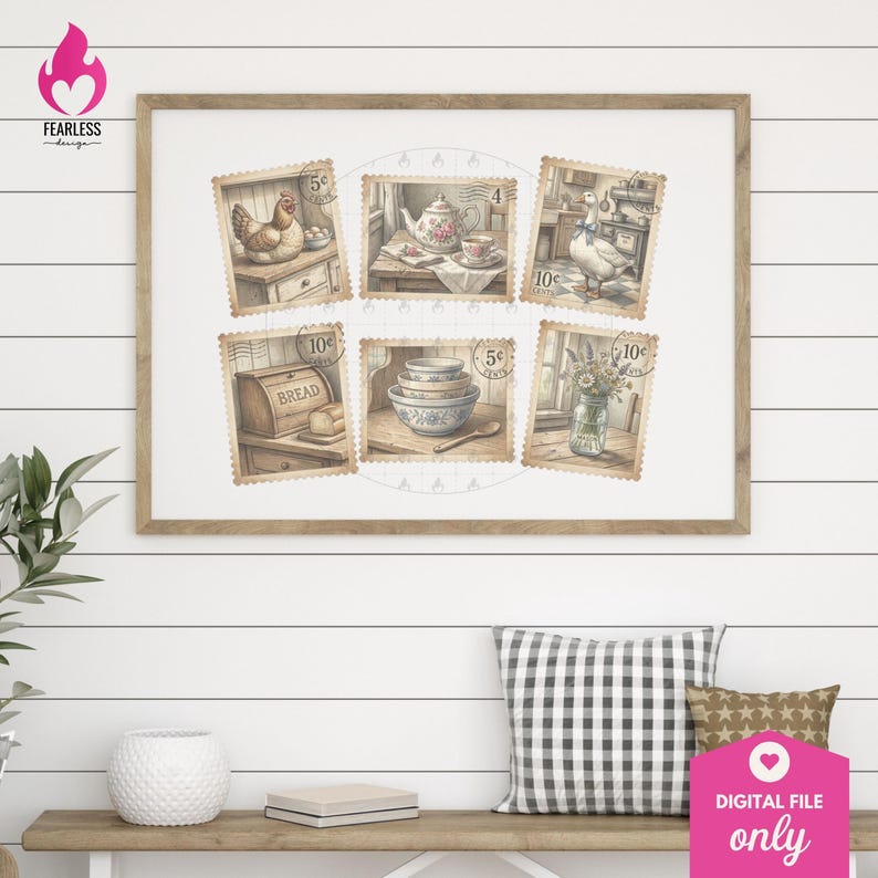 May include: A framed print featuring six postage stamp-style illustrations. The illustrations depict a chicken, a teapot with teacups, a duck, a bread box, bowls, and a vase of flowers. The artwork has a vintage, watercolor style.