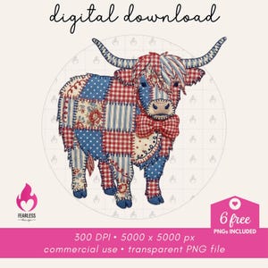May include: A digital download featuring a patchwork Highland cow illustration. The cow is made from red, white, and blue patterned fabrics. It has large horns and a red bow tie. The image includes the text "digital download". The image is 5000 x 5000 px.