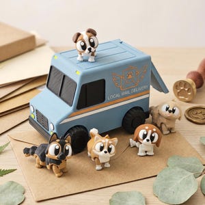 May include: A light blue toy mail delivery truck with black wheels and windows, featuring a graphic of an envelope with wings and the text LOCAL MAIL DELIVERY. Five small dog figurines are positioned on and around the truck, with one on the roof.