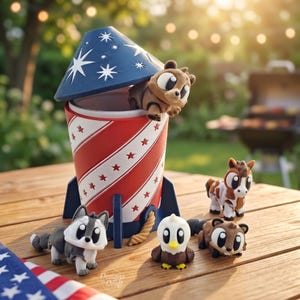 May include: A whimsical display featuring a red, white, and blue rocket ship with star accents, housing a brown bear figurine. Surrounding the rocket are animal figurines, including a husky, a deer, an eagle, and a bear. The scene is set on a wooden table.