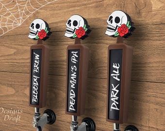 Beer Tap Handle "Chestnut Brown" with Chalkboard and Interchangeable 2-in-1 Skull and Rose Topper