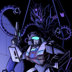 Puede incluir: Ilustración digital de un personaje robot en tonos blancos, azules y negros, sosteniendo un arma. Un segundo robot, más grande, está silueteado en el fondo. La imagen tiene un estilo de cómic con un fondo oscuro y acentos de neón.
