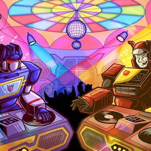 May include: A colorful digital illustration featuring two robotic figures acting as DJs at a dance party. One blue and silver robot and one red and yellow robot stand behind turntables. A disco ball hangs from a ceiling with musical notes floating.
