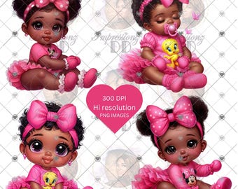 Afroamerikaner, süßes schwarzes Baby, Afro Puffs, rosa Body, Booties, Minnie, Piety, Rüschen, Tutu, Schleife, PNG transparent, sofortiger Download