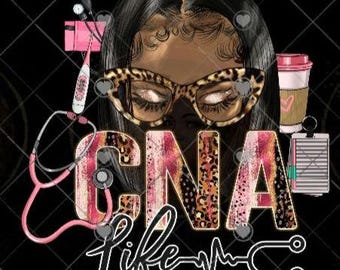 Puede incluir: Un diseño gráfico negro y rosa con el texto "CNA Life" y un estetoscopio. El diseño presenta a una mujer con cabello negro largo que lleva gafas y un pañuelo de estampado de leopardo.