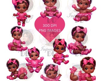 Afroamerikaner, süßes schwarzes Baby mit rosa Strampelanzug, Booties, Handschuhe, Rüschen, Tutu, Schleife, PNG transparent, 10 Bilder, sofortiger Download