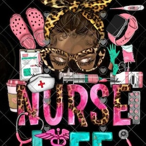 RN, LPN, Nurse Life, African American, Afro Messy Bun, Leopard, Pink, PNG, digital design, instant download