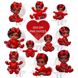 African American, cute black baby wearing red onesie, booties, mittens, ruffles, tutu, bow, PNG transparent, 10 images, instant download