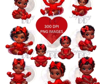 Afroamerikaner, süßes schwarzes Baby mit rotem Strampelanzug, Booties, Handschuhe, Rüschen, Tutu, Schleife, PNG transparent, 10 Bilder, sofortiger Download