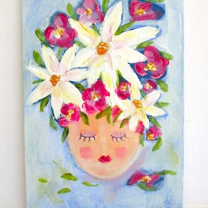 Folk Art Painting of Pot Face with White Flowers