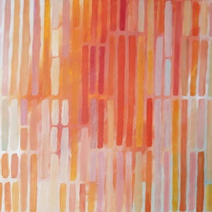 May include: Abstract painting with vertical brushstrokes in shades of orange, red, and pink. The artwork features a grid-like pattern with varying widths and densities of color, creating a textured and dynamic visual effect. The background is a light blue.