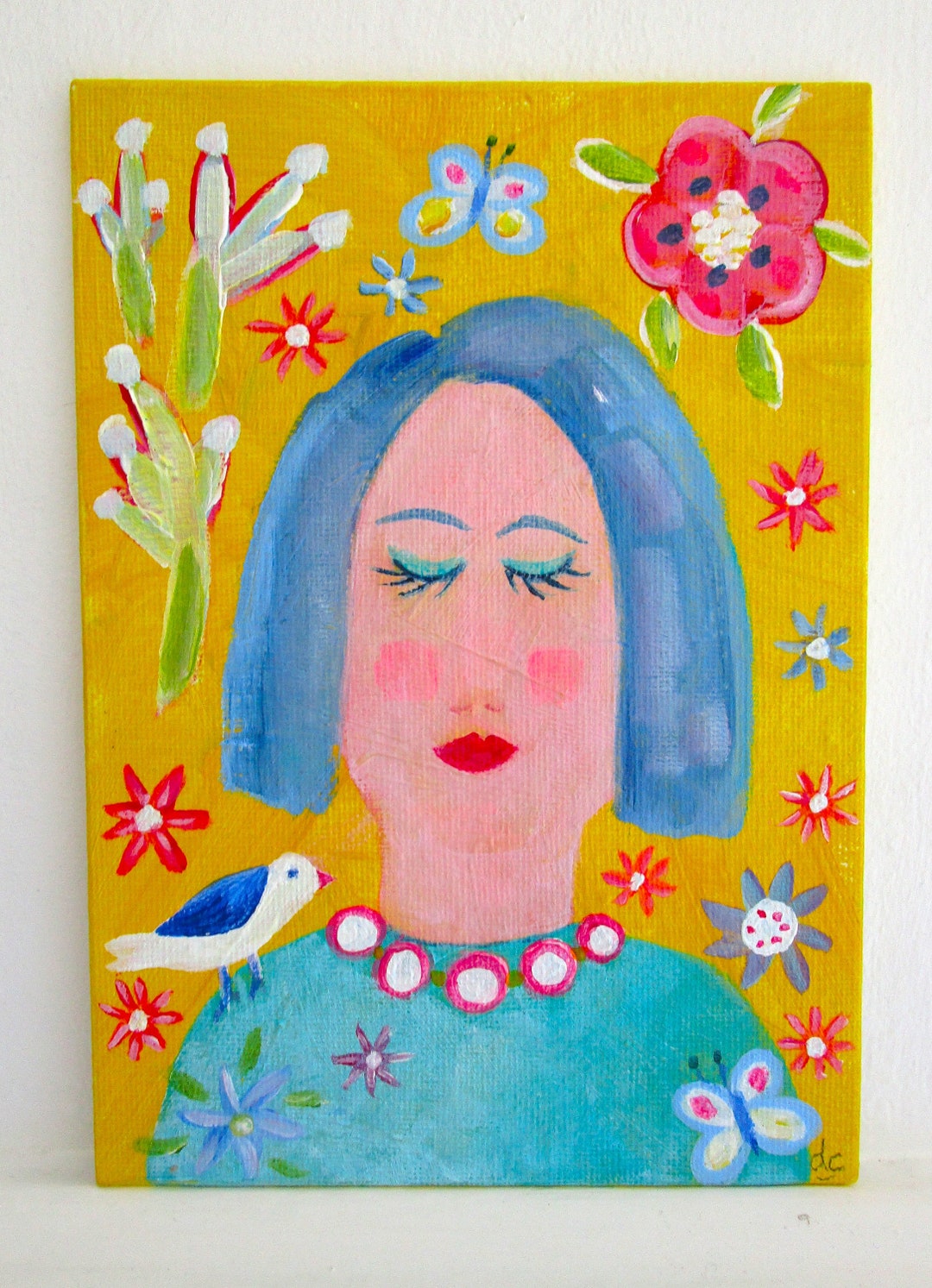 Folk Art Portrait of a Woman With Bird and Butterflies - Etsy