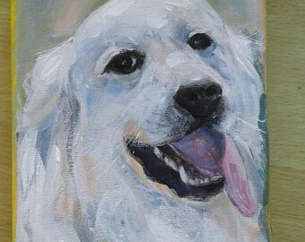 Golden retriever pet portrait, acrylic on canvas 5 x 7 inches, animal art portrait, memorial pet painting, pet birthday gift, housewarming
