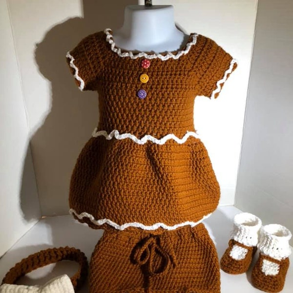 Gingerbread baby dress crochet PATTERN ONLY 12-18 months (Includes diaper cover and headband with bow) Does NOT include shoe Pattern