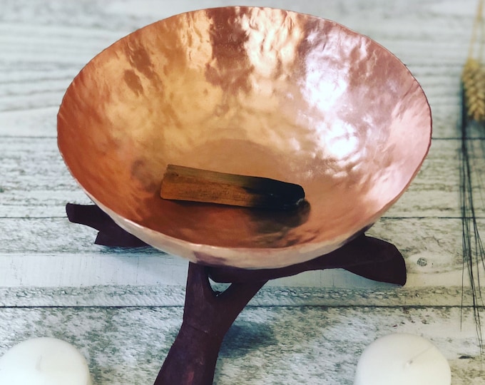 Featured listing image: Venus Cauldron Hand Hammered Copper Bowl - Offering Alchemy Bowl with Stand - Home Ancestor Altar Pagan Tool Decor - Incense Burner Trinket