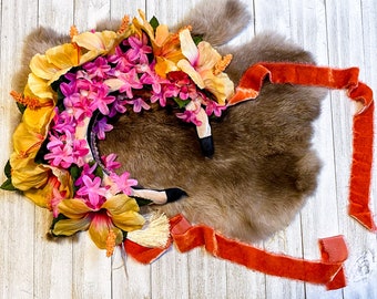 Orange Pink Hibiscus Crown / Spring & Midsummer Flower Crown