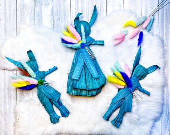 Ostara Harvest Hare Doll - BLUE / Spring Poppet for Altar / Folk Dolls / Handcrafted Dyed Corn Husk Dolls