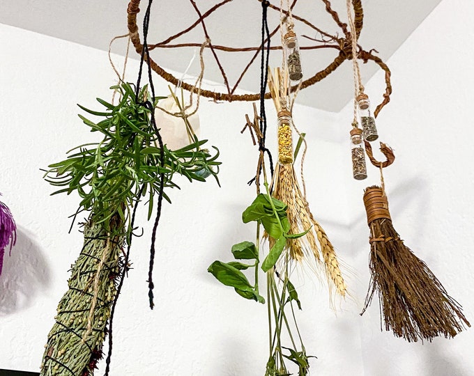 Featured listing image: Herb & Flower Dryer / Hedge Witch Pentacle / Kitchen Witch Herb, Flower, and Plant Hanging Decorative and Functional Drying Rack