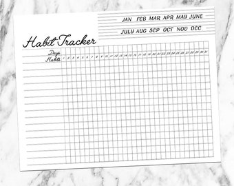 Peut inclure: Une feuille de suivi d'habitudes en papier blanc avec de l'encre noire. L'en-tête indique Habit Tracker, avec les mois de JAN à DEC listés au-dessus d'une grille. La grille comporte des lignes pour les habitudes et des colonnes numérotées de 1 à 31 pour les jours du mois, offrant une mise en page structurée pour suivre les activités quotidiennes tout au long de l'année.