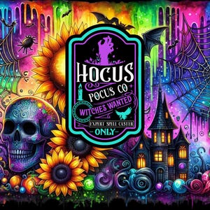 May include: A colorful Halloween-themed illustration with a purple, teal, and black logo that reads "Hocus Pocus Co. Witches Wanted Expert Spell Caster - Only". The logo is surrounded by a spiderweb, a skull, sunflowers, and a spooky house.