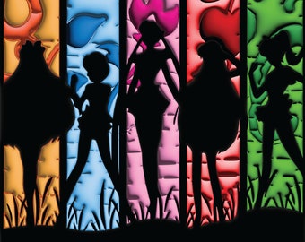 May include: Five black silhouettes of anime characters standing in front of a colorful stained glass background. The characters are wearing different outfits and have different hairstyles. The background is made up of five vertical panels, each with a different color and design.