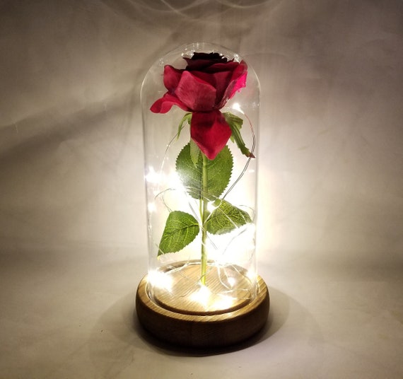 Enchanted Rose Beauty And The Beast Belle Led Glass Dome Wood Etsy