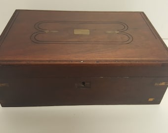 Antique Solid Mahogany Box With Brass Inlay For Restoration 121/2 x 8 x 4 1/4 inches
