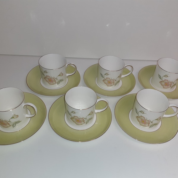 Susie Cooper Set of 6 Coffee Cans and Saucers Wild Rose Signed in Green C987