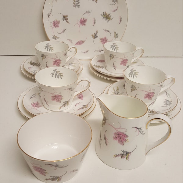 Vintage Tuscan  Windswept Pattern Bone China Set of 4 Trio's Cups Saucers Tea Plates Cream Jug Sugar Bowl and Cake Plate