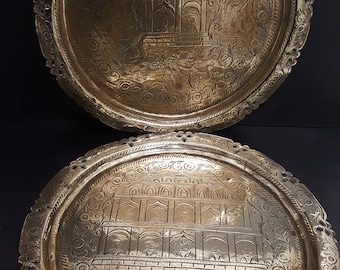 Pair of Antique Solid Brass Islamic Trays Lovely Engraved Scenes 12 inches