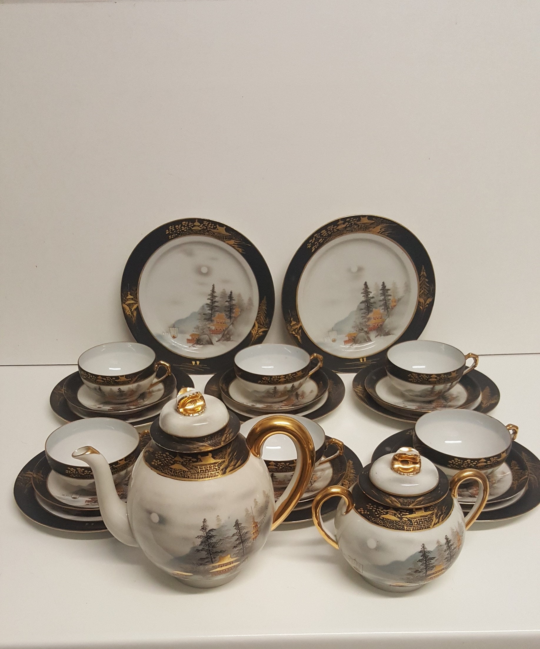 Antique Japanese 1930s Tea Set Black Gilt Teapot Sugar Bowl Antique Japanese 1930s Tea Set Black Gilt Teapot Sugar Bowl