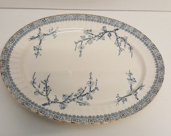 Antique Blue White Large Meat Platter Serving Plate J&A Ivory Thorn Pattern 16 inches