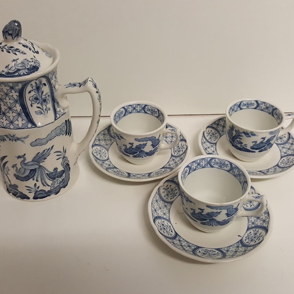 Antique Furnivals Old Chelsea Pattern Coffee Pot and 3 Small Cups and Saucers 647812 Blue White