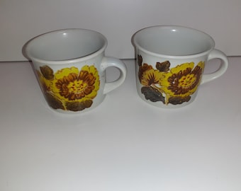 Retro 1970s Royal Doulton Stoneware Forest Glen LS 1001 Yellow Brown Flowers Set of 2 Cups