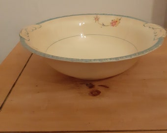 Vintage New Hall 1246 Pattern Cream With Flowers Garland Blue Border Serving Bowl 9 1/2 inches