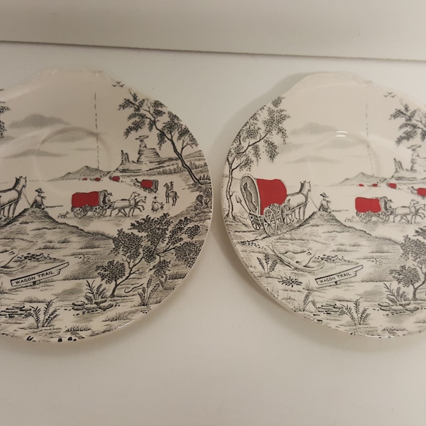 Vintage Retro 1950s Hanley Washington Pottery Wagon Trail Design Set of 2  Plates / Saucers 7 inches