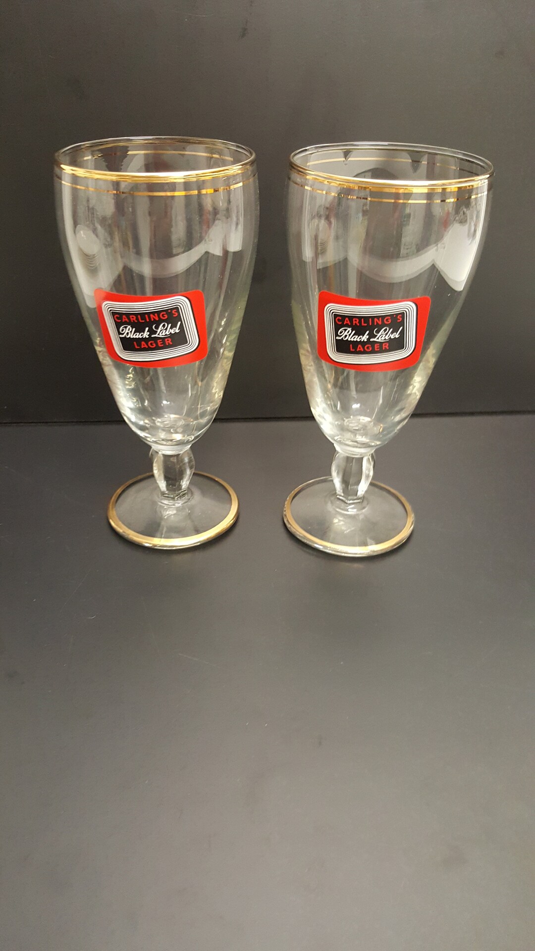 Vintage Pair of Schooner Beer Glasses Carlings Lager Black Label Great