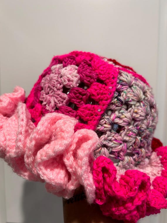 Handcrafted Pink and Red Crochet Hat Handmade Crochet Bucket Hat: Red & Pink Checkered Festival  main image 3
